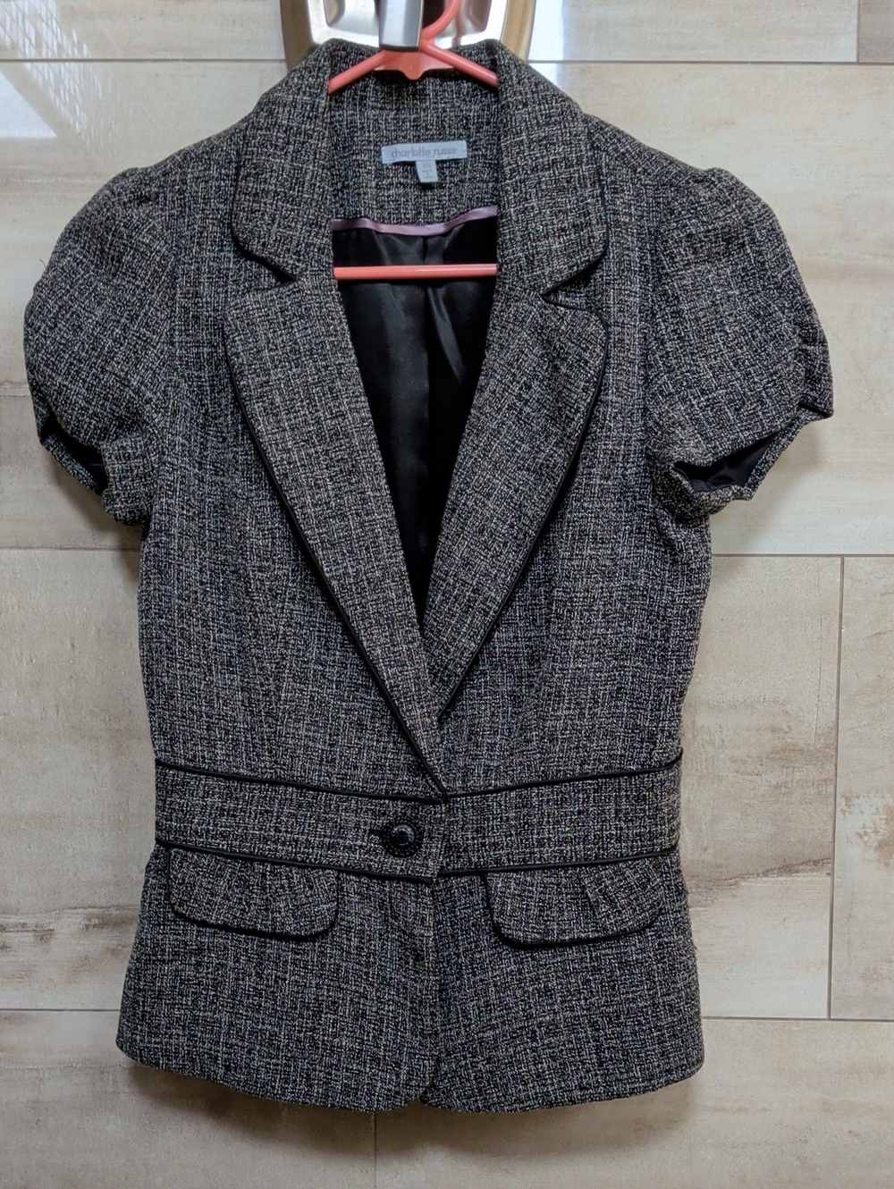 Petite Tweed Short Sleeve Blazer Jacket - Gray
